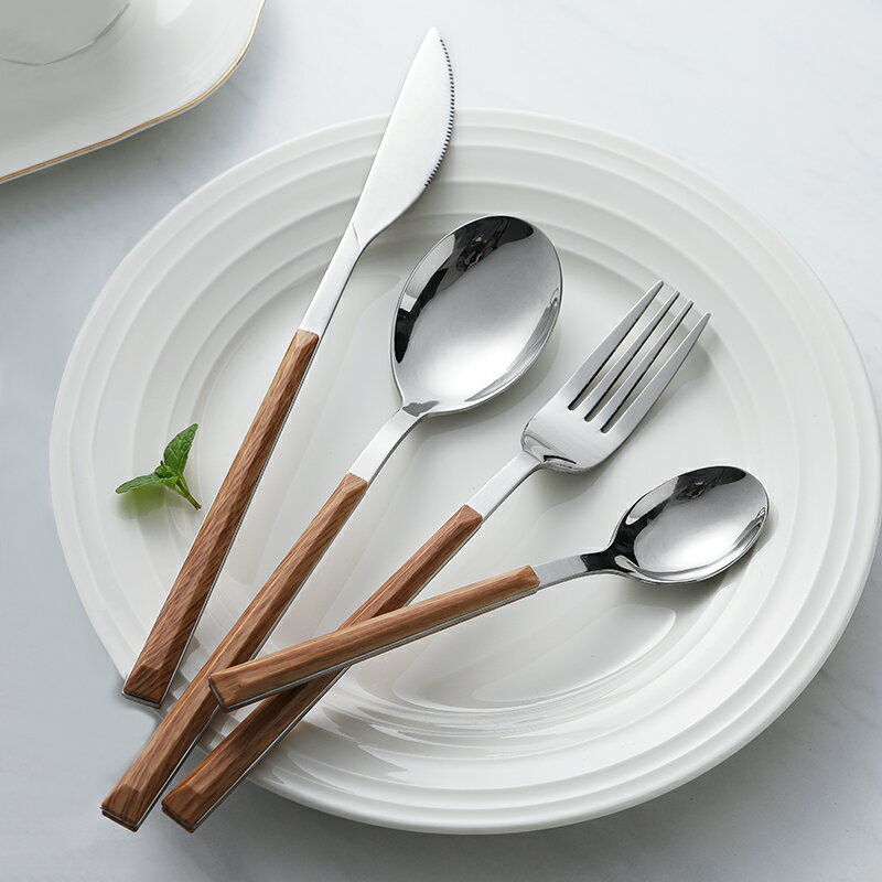 北歐ins風家用高檔牛排刀叉勺子盤不銹鋼木質西餐餐具套裝三件套