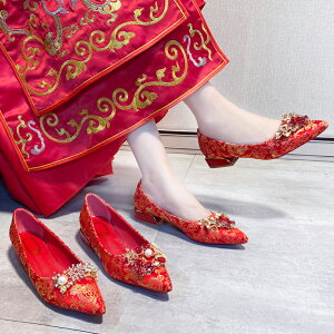 婚鞋女平底2020年新款新娘鞋粗跟中式紅色結婚鞋子孕婦低跟秀禾鞋