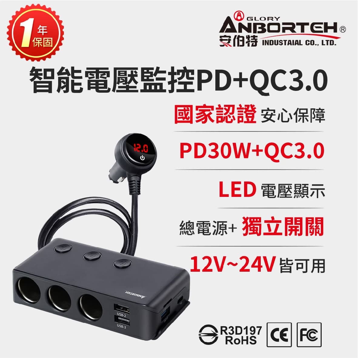 真便宜 ANBORTEH安伯特 ABT-E080 智能電壓監控 4孔PD+QC3.0+3孔插座