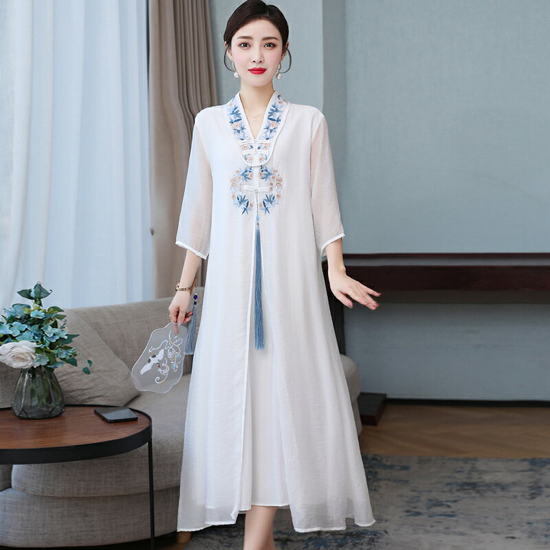 夏季中國風改良漢服復古中式刺繡旗袍禪意茶服大碼寬松連衣裙