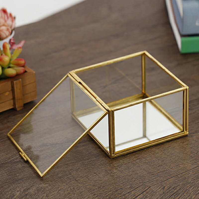 簡約復古金邊歐式玻璃首飾盒珠寶收納盒伴手禮幾何方形花房消磁盒