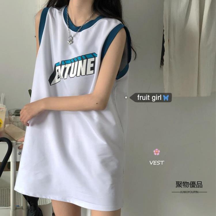 字母無袖T恤女夏季寬鬆中長款背心球服上衣【聚物優品】