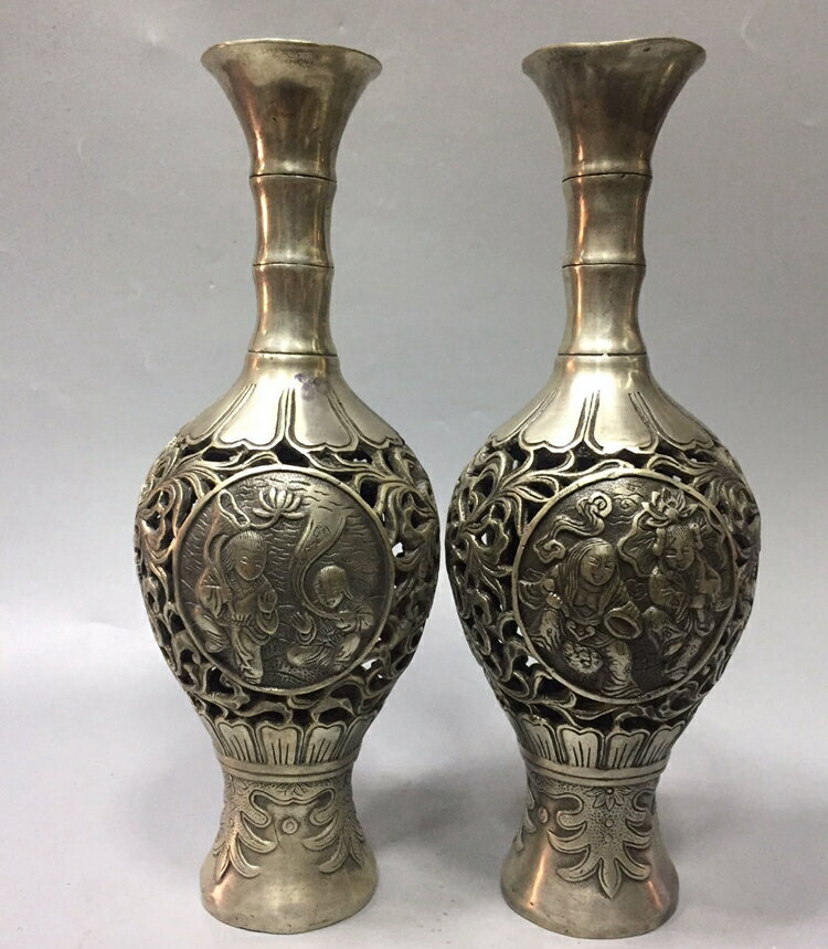 銅器收藏 純銅嬰戲鏤空銅花瓶和合二仙銅花瓶一對 家居裝飾擺件