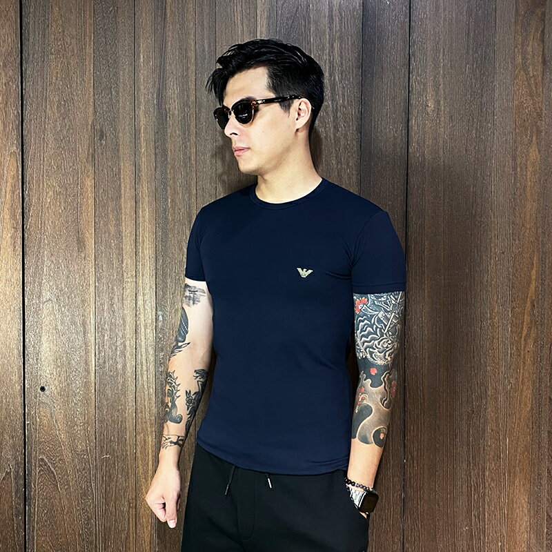 美國百分百【全新真品】Emporio Armani 短袖 棉質 彈性 合身 T恤 EA7 上衣 logo 黑色/深藍 K152
