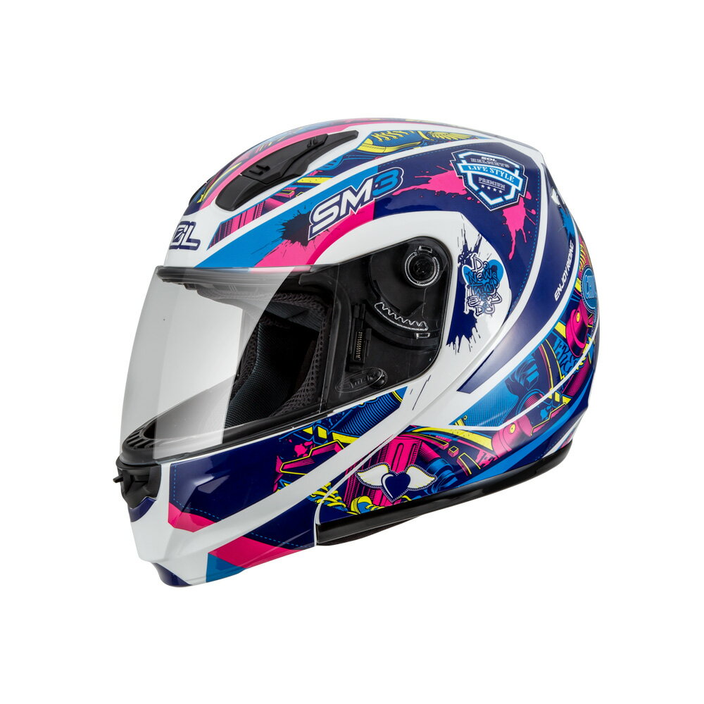 【SOL Helmets】SM-3可掀式安全帽 (惡天使_白/藍粉) ｜ SOL安全帽官方商城