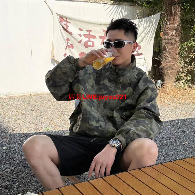 美式迷彩綠輕薄款防曬衣男款夏季冰絲山系沖鋒衣外套痞帥立領夾克