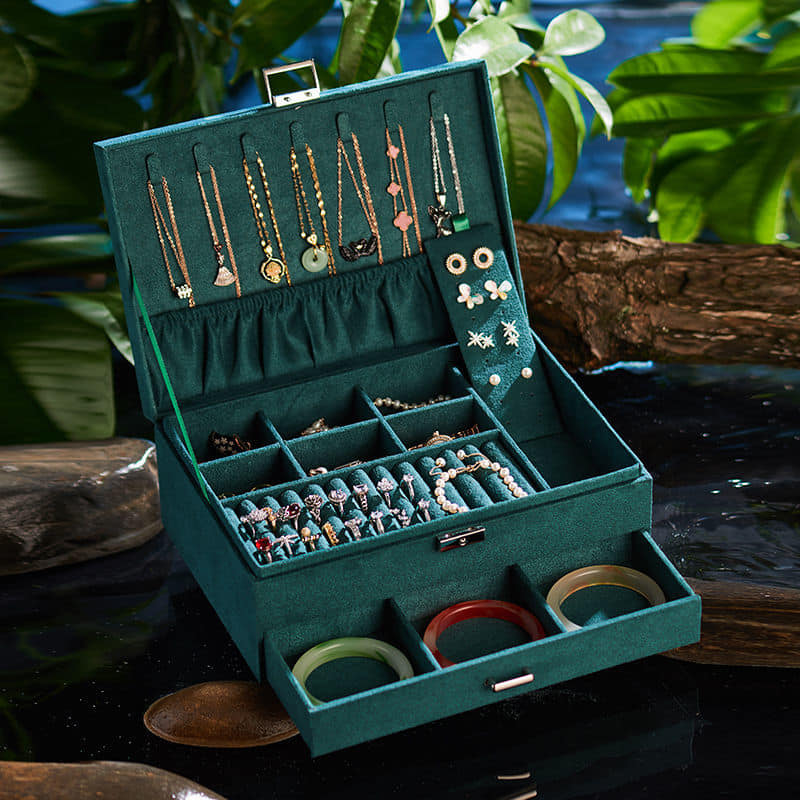 雙層麂皮絨帶鎖精緻首飾珠寶盒