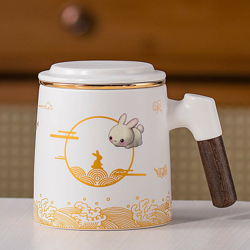 中秋玉兔陶瓷馬克杯茶水分離泡茶杯三件套辦公杯子印雕刻 0