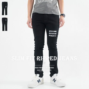 小直筒磨破牛仔褲 顯瘦牛仔長褲 割痕彈性牛仔褲 破洞窄管長褲 修身黑色牛仔褲 割破丹寧 褲管膠印英文字樣 Slim Fit Ripped Jeans Men's Jeans Men's Denim Pants Stretch Jeans (321-5007-21)黑色 M L XL 2L 3L (腰圍71~94公分 28~37英吋) 男 [實體店面保障] sun-e