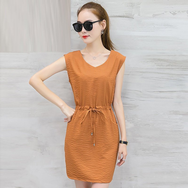 FINDSENSE G5 韓國時尚 條紋 連身裙 顯瘦 夏季 V領 休閒裙