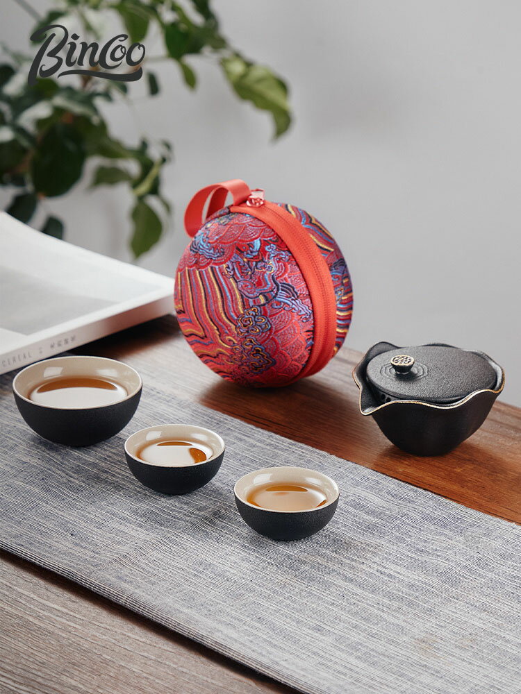 便攜式功夫旅行茶具小型茶杯套裝戶外陶瓷單人茶壺快客杯一壺三杯