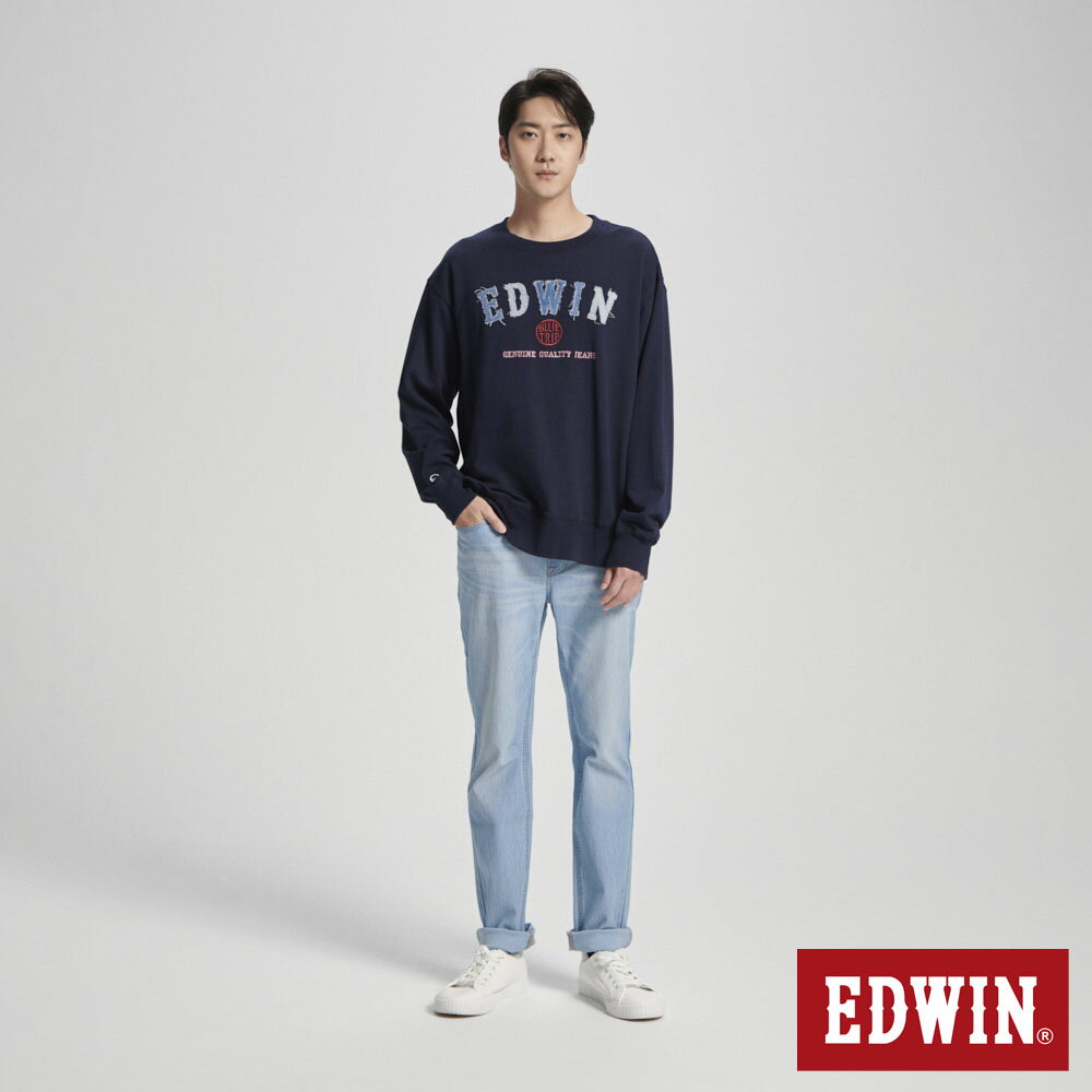 EDWIN BLUE TRIP 寬版印花貼布長袖T恤-男款 丈青色