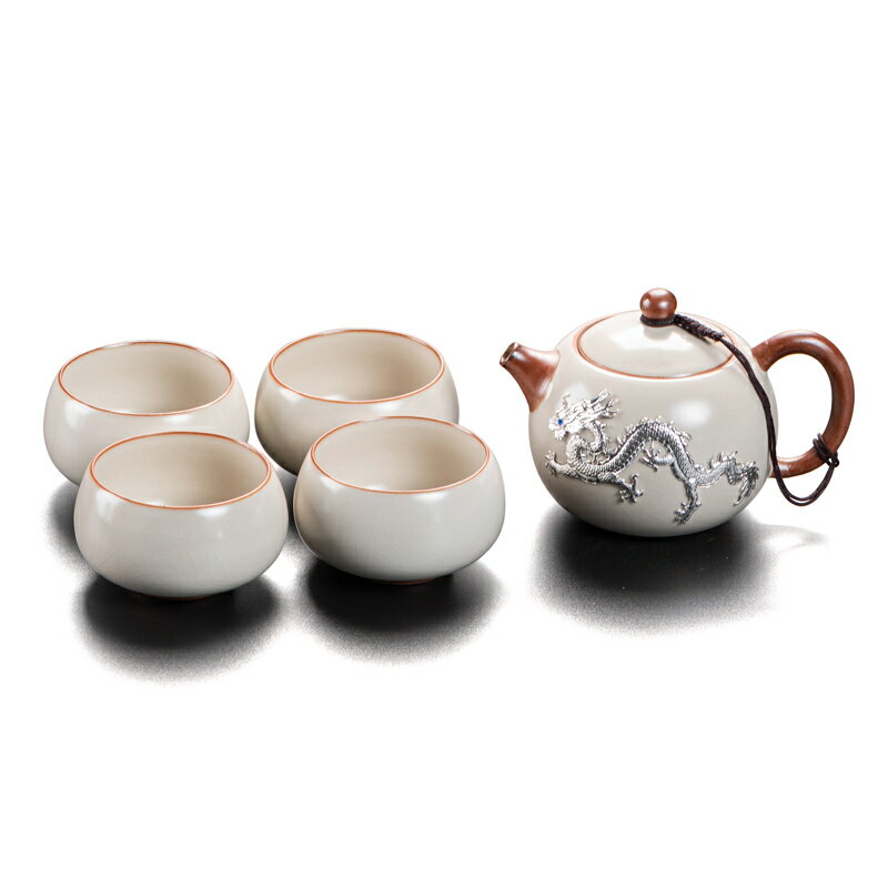茶具套裝 功夫茶具 茶杯整套 鑲銀汝窯茶具套裝蓋碗茶壺輕奢功夫茶具高檔陶瓷茶壺茶杯『JJ2645』