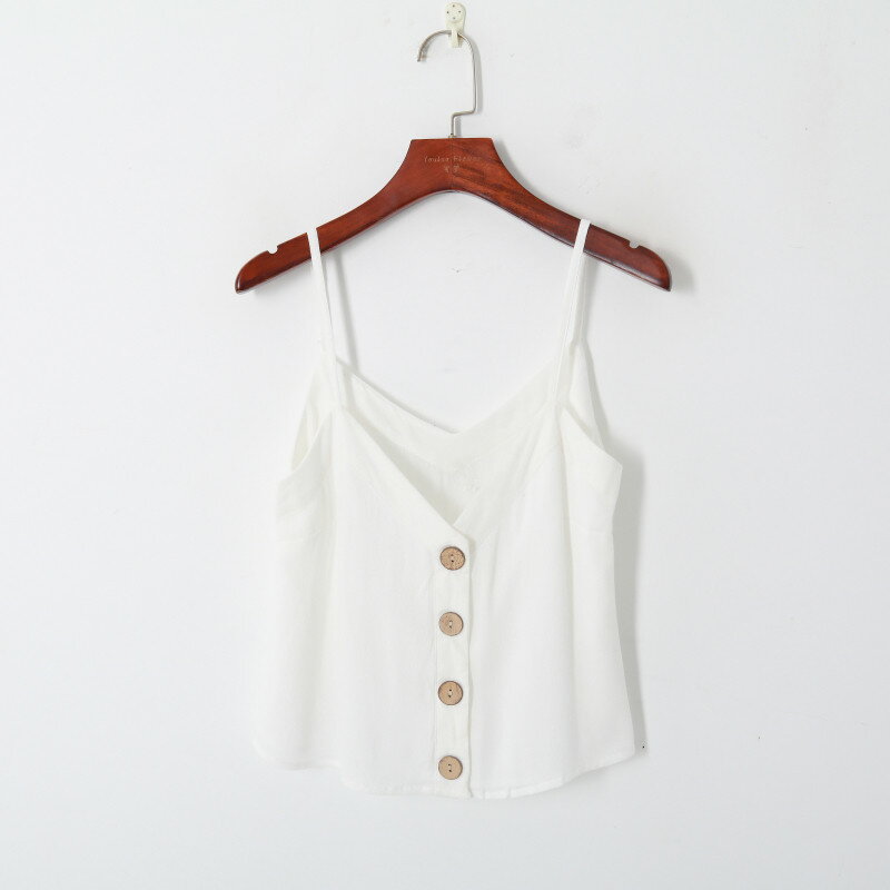 夏季女裝時尚韓版清新氣質V領單排扣顯瘦短款吊帶背心白菜價