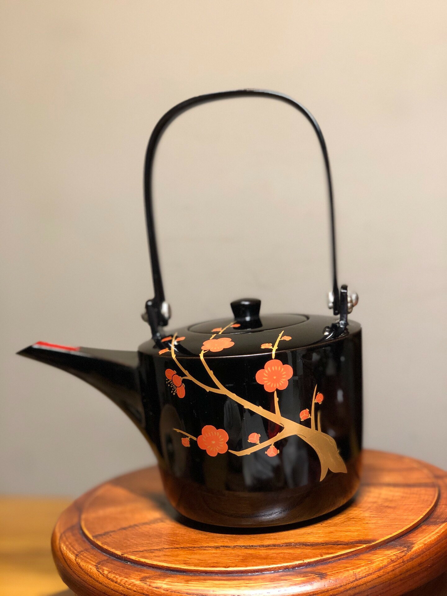 日本中古迴流非遺實木漆器 金蒔繪梅花 提樑茶壺 酒壺挑子 經