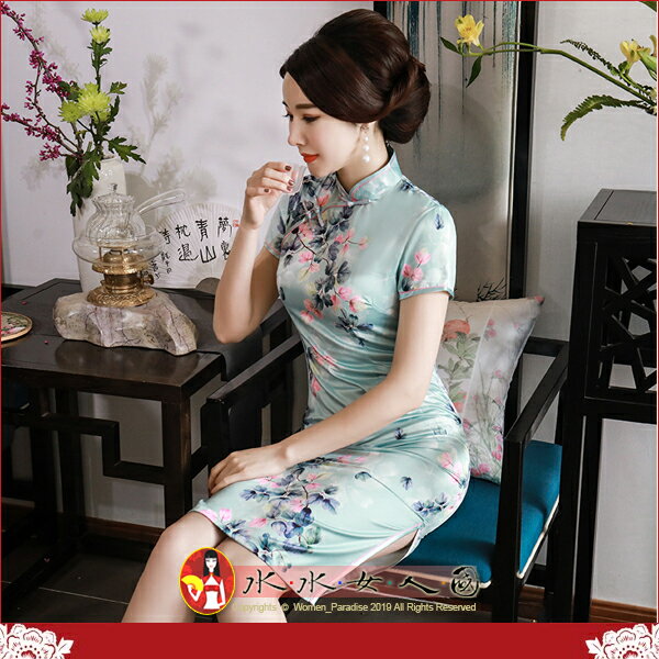 日常旗袍 復古絲綢印花年輕少女短款改良式 修身顯瘦 連身裙洋裝-曼悅-水水女人國
