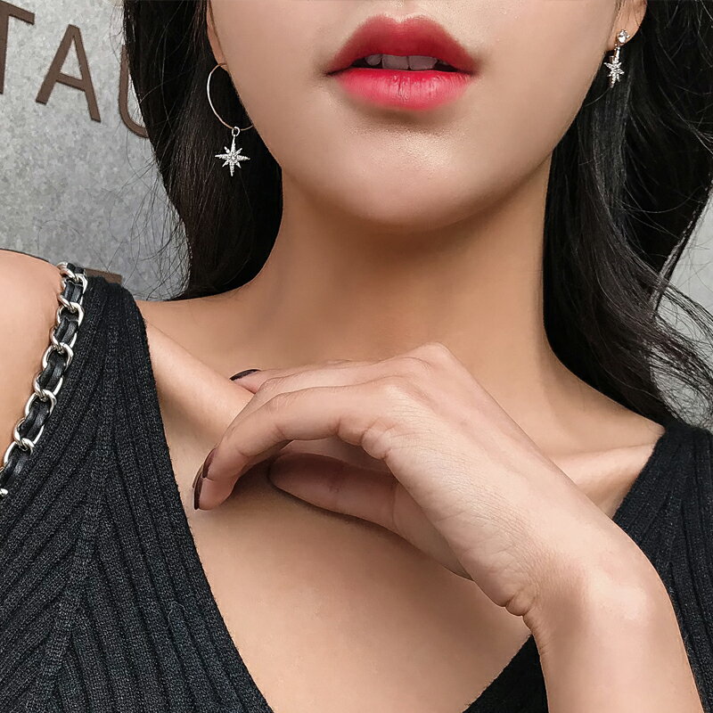星月耳環組合套裝耳釘女新款潮氣質純銀不對稱星星月亮耳飾1入