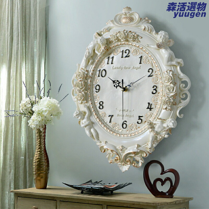 【靜音藝術】歐式掛鐘 客廳掛鐘 創意時鐘 裝飾鍾 石英鐘 樹脂天使造型 復古輕奢風 臥室書房客廳裝飾
