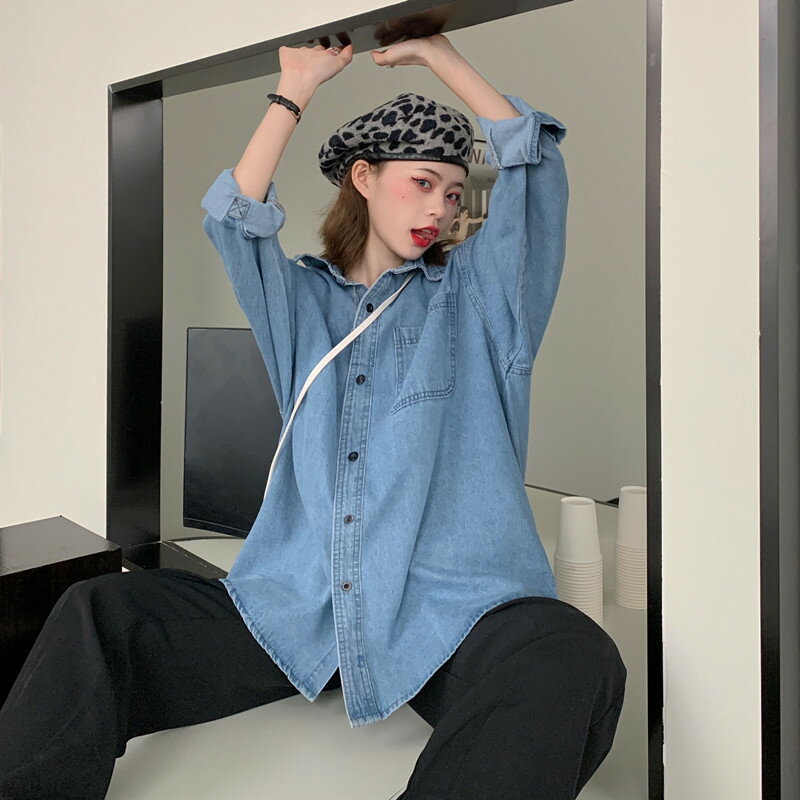 復古港風牛仔襯衫女設計感小眾上衣春裝年新款女韓版百搭襯衣