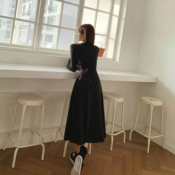 ANNAS 正韓V領洋裝交叉綁腰長裙長洋裝長袖連身裙 顯瘦性感棉質過年新年尾牙春酒紅色韓國 3