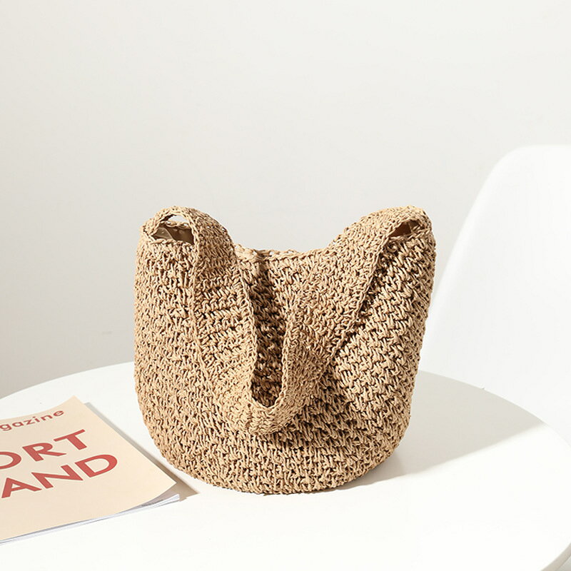 【巴黎精品】草編包手提藤編包-手工編織寬肩帶水桶包女包包3色a1hb10