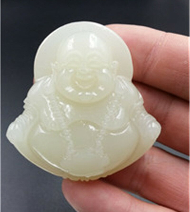天然玉石新疆和田白玉 方解石玉大度笑佛珠子佛掛件