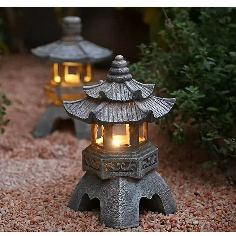 免運/可開票 石燈 戶外燈 草坪燈 室外燈 滅蚊燈 花園燈 中式太陽能燈禪意石塔裝飾擺件花園庭院樹脂小宮燈雕塑佛具戶外燈