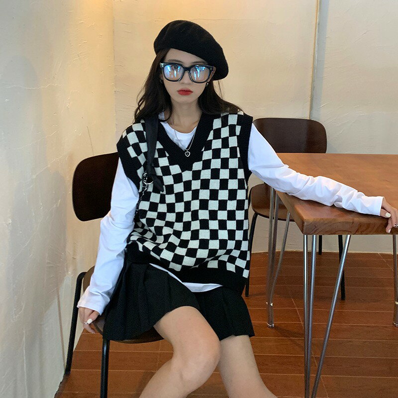 黑白棋盤格子毛衣馬甲背心針織衫女春秋復古V領馬夾坎肩外穿百搭