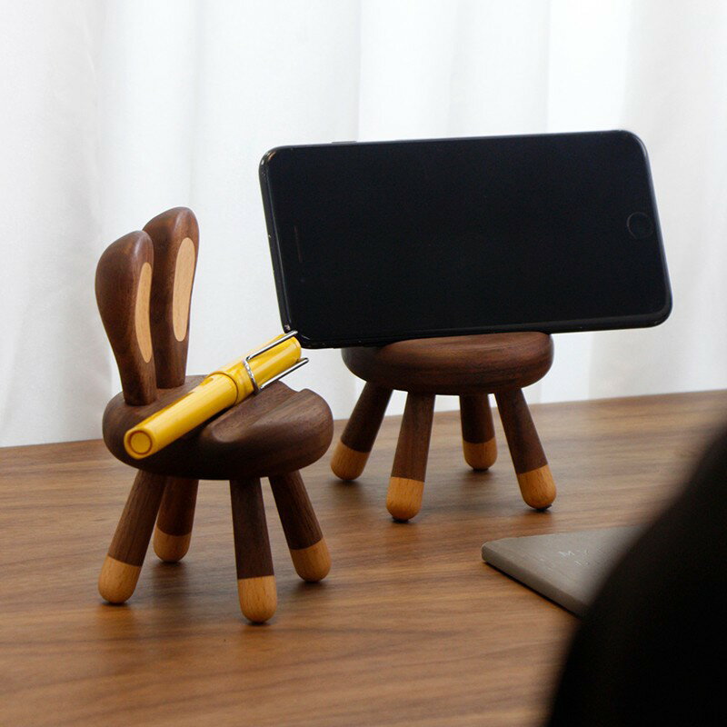 黑胡桃木椅子手機支架創意兔子可愛凳子卡通直播桌面實木擺件支架