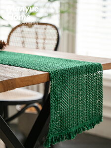 優樂悅~法式復古棉麻桌旗森系派對裝飾編織流蘇隔熱桌墊復復古綠