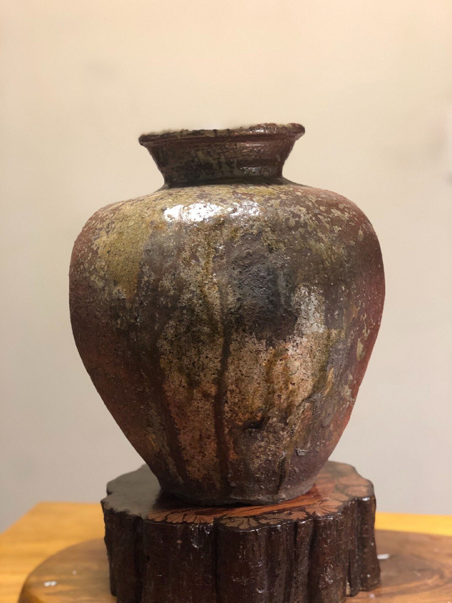日本中古江戶時期百年古信樂燒名家仁齋手作大肚花瓶花入 胡麻侘