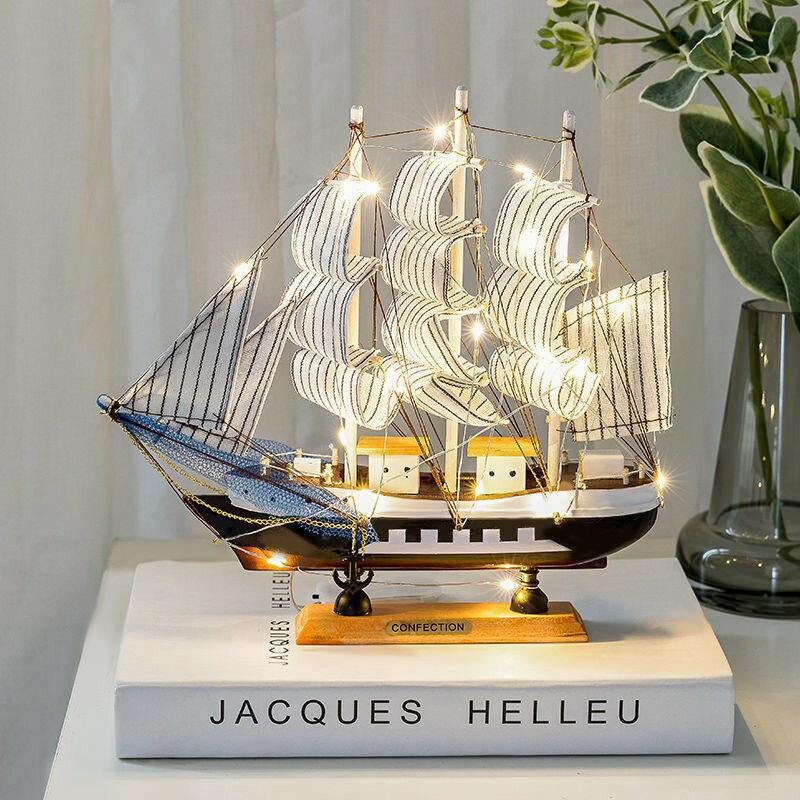 帆船模型擺件帶燈木質工藝船一帆風順男畢業生日禮物女客廳裝飾品