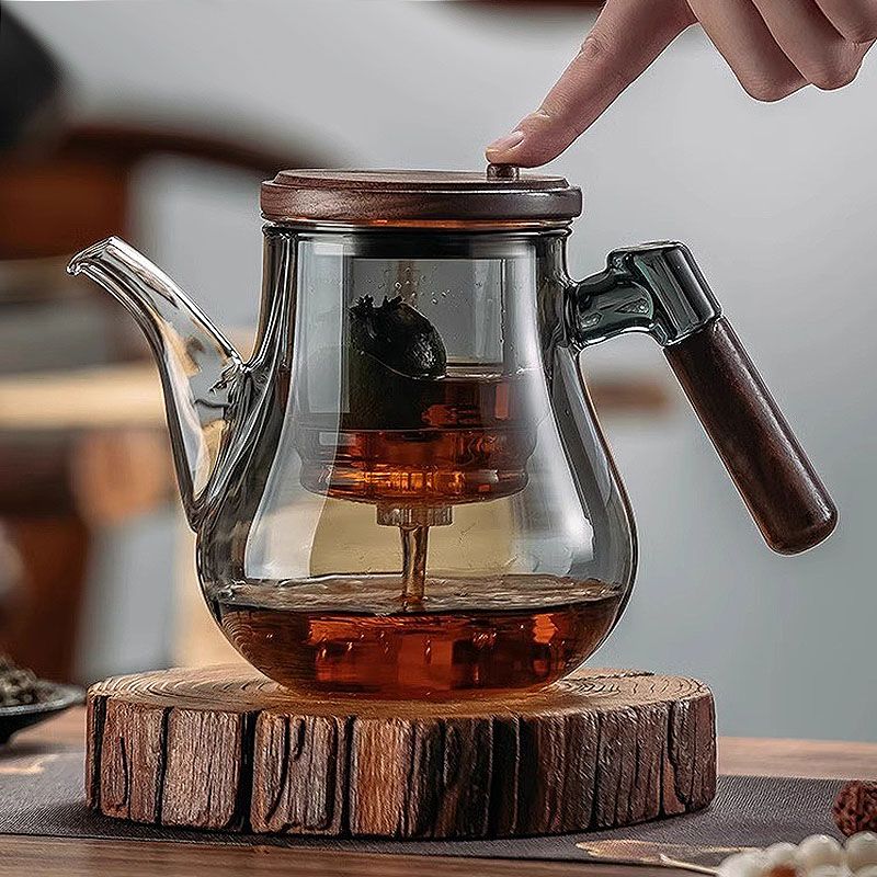 公司貨附發票 飄逸杯泡茶壺全玻璃內膽胡桃木加厚茶水分離過濾泡茶飄逸杯高檔次 樂天最低價 快速出貨