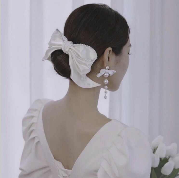 新款手工緞面串珠蝴蝶結髮夾耳環套裝新娘結婚頭飾甜美造型配飾品