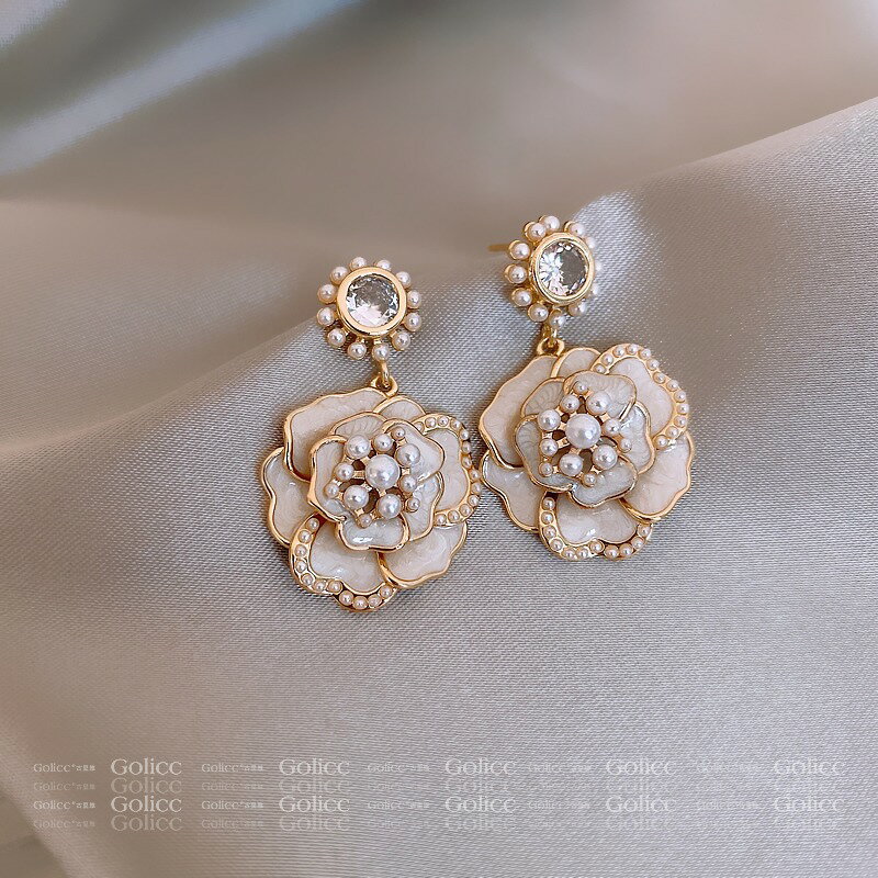 山茶花耳飾女純銀針法式高級感珍珠花朵耳環新款氣質獨特設計耳墜
