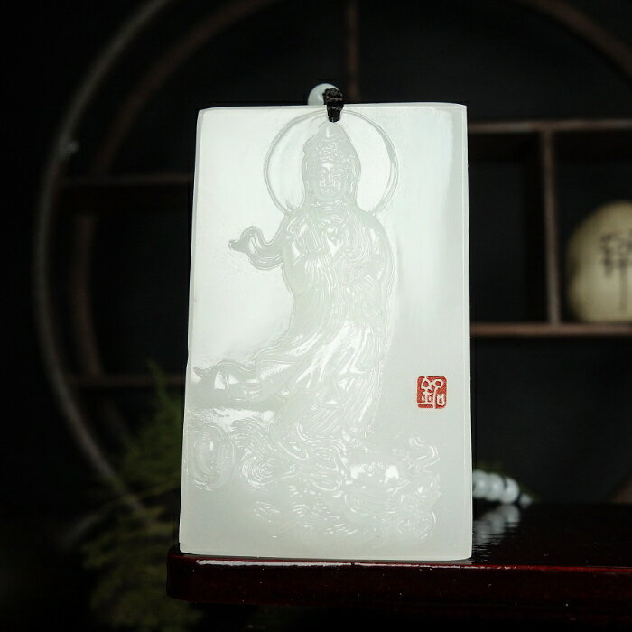 天然新疆白玉觀音和田玉乘龍觀音吊墜新疆白玉掛件玉石牌玉佩