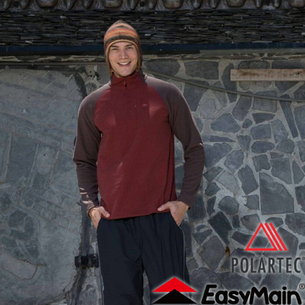 【EasyMain 衣力美 男款 輕暖排汗休閒衫《暗磚紅》】SE16063/高透氣/立領設計/保暖柔軟