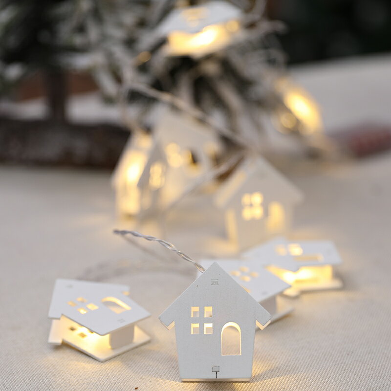 圣誕節木質LED雪花燈鏤空小房子燈商場超市場景布置裝飾五星串燈