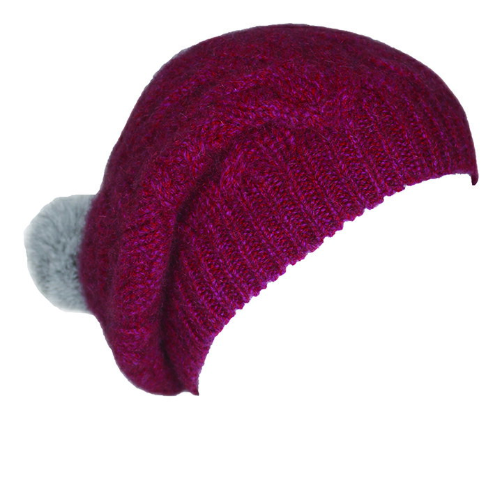 【桃紅】麻花粗針織紐西蘭貂毛羊毛貝蕾帽兔毛球 毛線帽保暖帽毛球帽