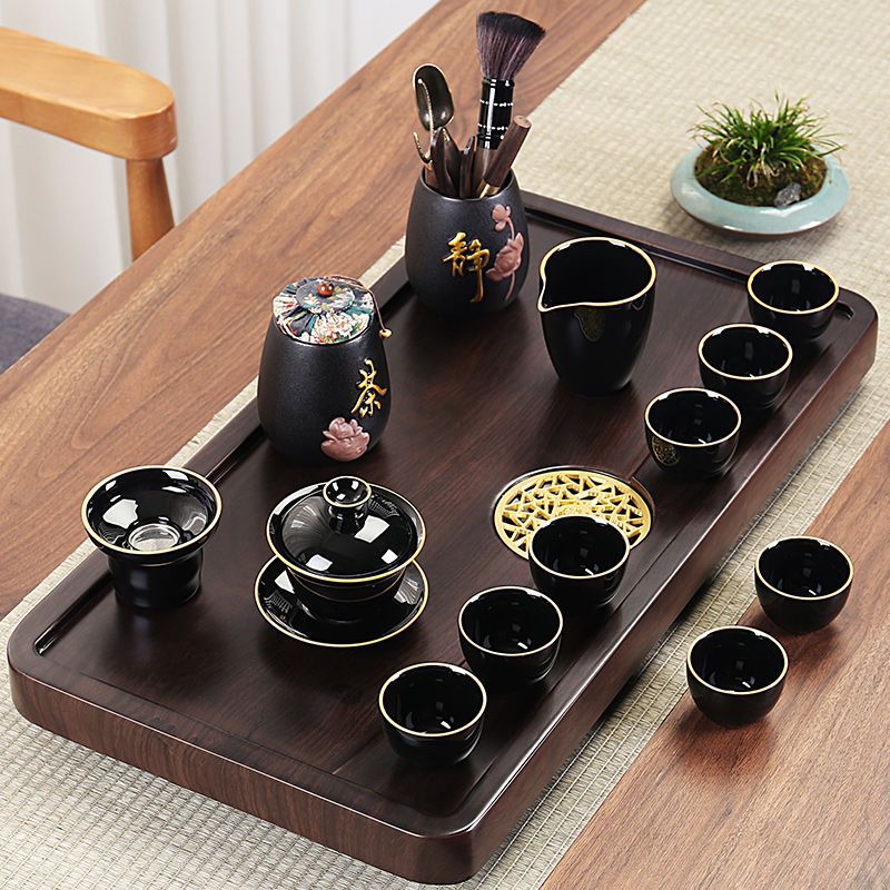 黑陶茶具茶盤套裝家用帶排水白色茶具簡約辦公室會客客廳泡茶茶道