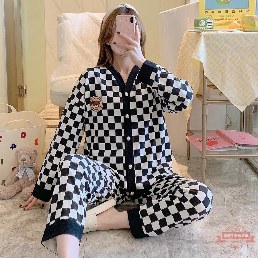 睡衣女春秋新款長袖褲網紅格子可愛大碼冬季小香風開衫家居服套裝