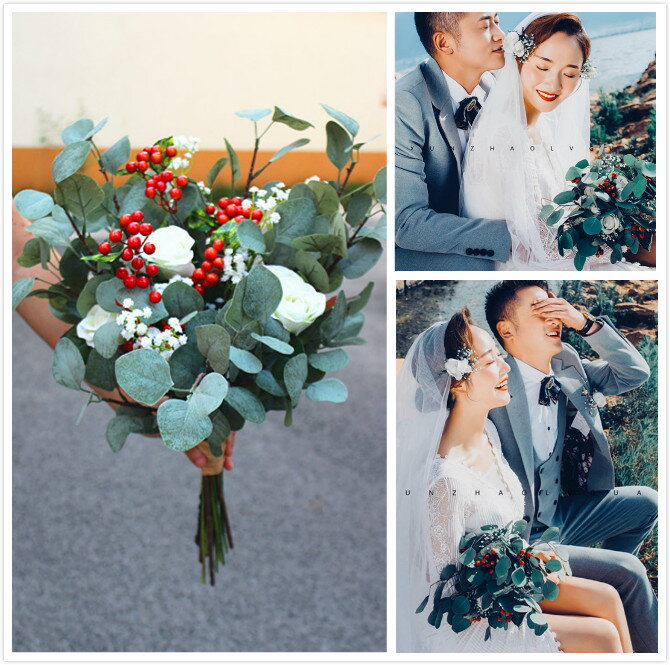 旅拍攝影手捧花森系仿真綠植尤加利新娘婚禮自然花束白玫瑰手捧花