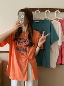 橘色開叉短袖t恤女裝夏季不規則設計感新款寬松上衣ins潮