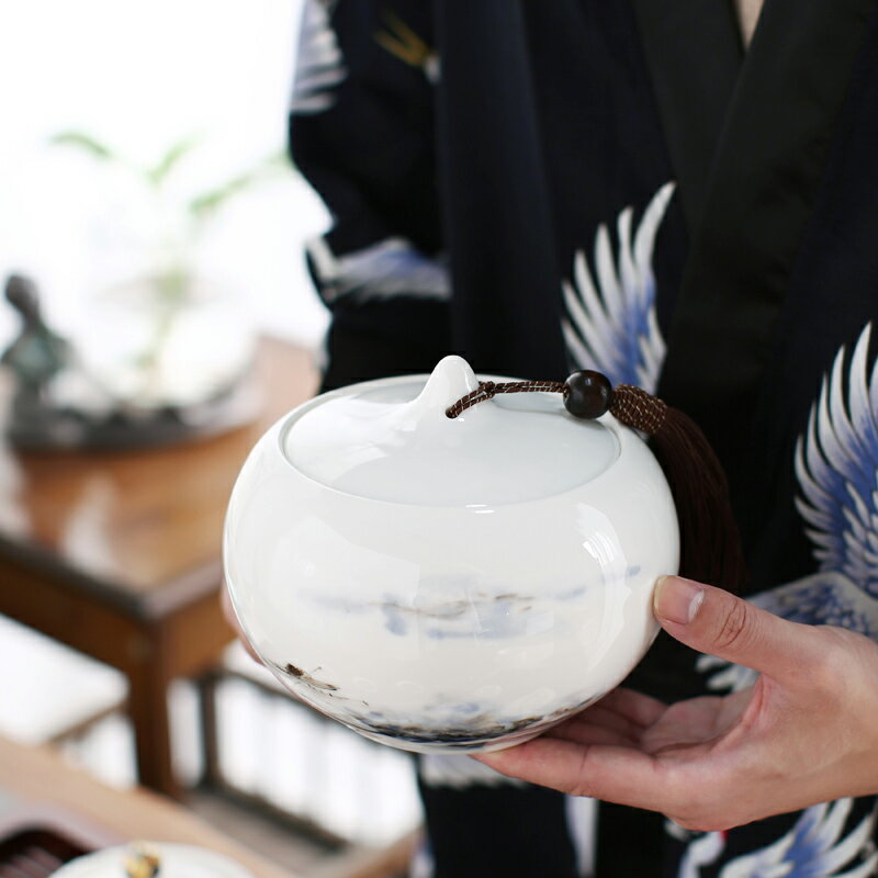晟窯白瓷手繪茶葉罐陶瓷大號紅茶普洱茶盒密封罐醒茶軟木塞包裝盒