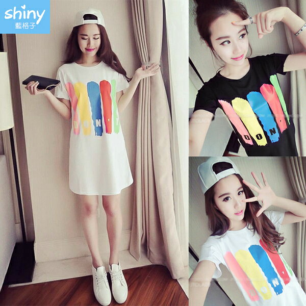 簡單宣言．色彩字母印花圓領短袖連身裙- shiny藍格子【V2885】