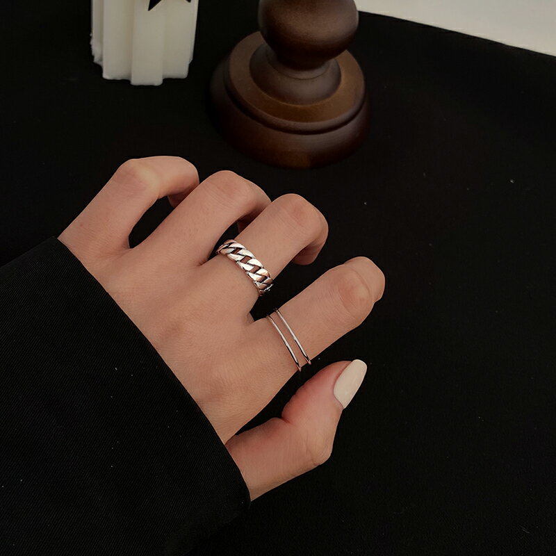925純銀雙層戒指女ins潮時尚個性食指戒開口可調節組合麻花關節戒 4