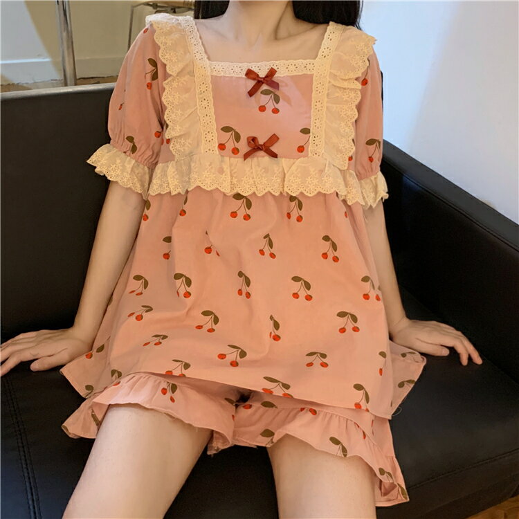 方領櫻桃印花短袖花邊睡衣女夏年韓版新款家居服蕾絲拼接套裝
