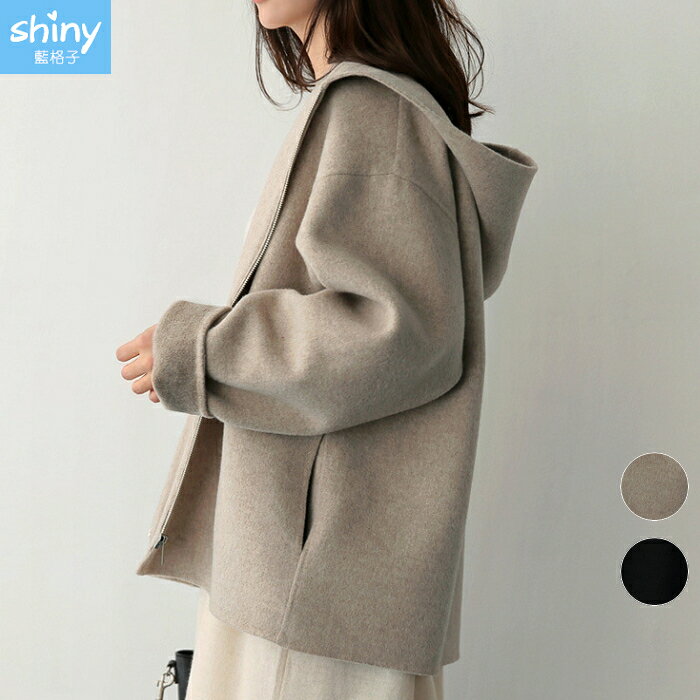 冬日本命．寬鬆純色拉鍊連帽毛呢外套-shiny藍格子【V5173】