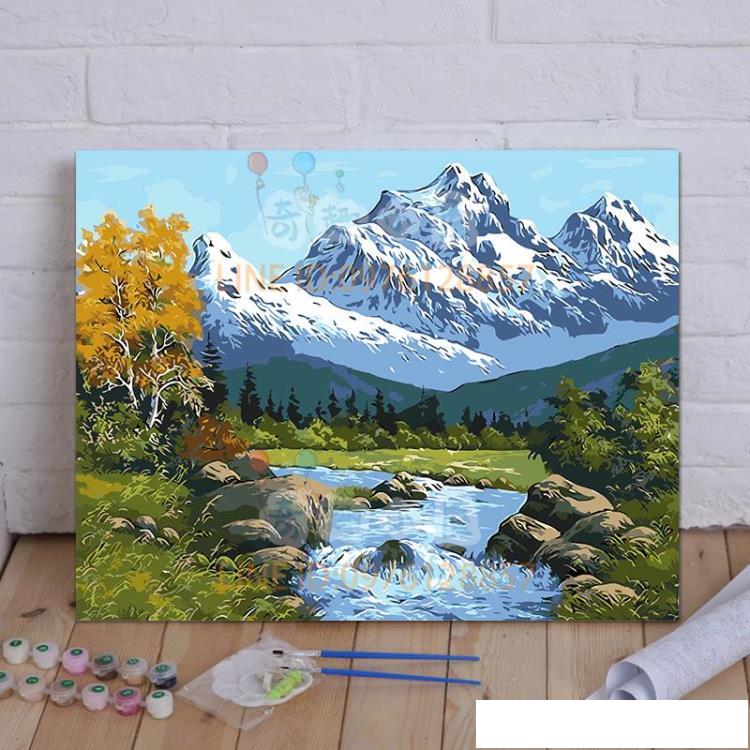 diy數字油畫手繪 山水風景裝飾畫 雪山映湖 過道客廳臥室