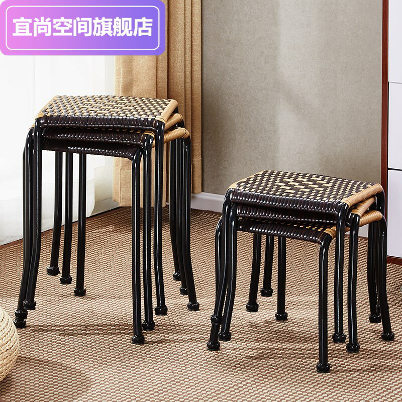 藤編凳子家用塑膠凳板凳餐桌凳休閑小藤椅餐椅加厚仿實木方凳矮凳